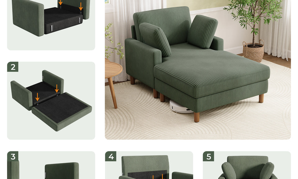 Vesgantti Single Sofa Bed, Corduroy Upholstered 104cm Wide Chaise Lounge Chair Indoor, With 2 Extra Pillows, Perfect For Living Room, Bedroom, Office and Apartment, Tool-free Assembly