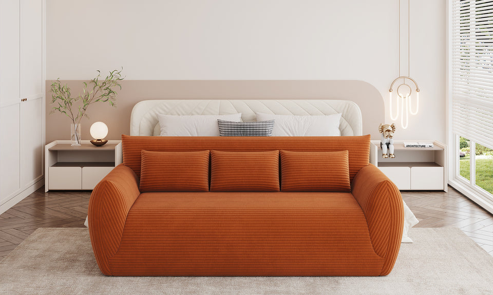 Vesgantti Corduroy Compressed 3 Seater Sofa, 200cm Upholstered Floor Sofa, Comfy Couch with 3 Pillows, No Assembly Required, Perfect for Living Room Bedroom Office Small Space, 200L*94D*80Hcm
