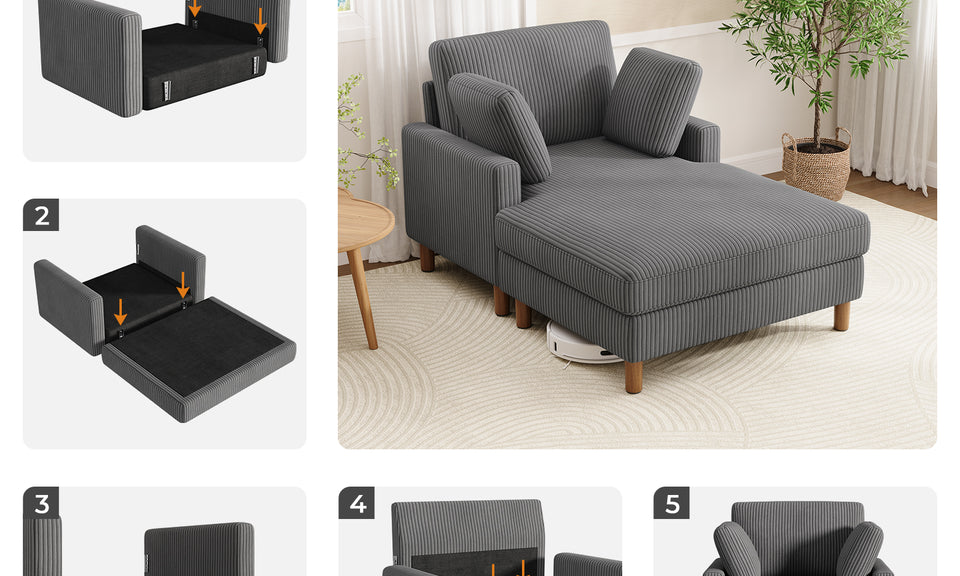 Vesgantti Single Sofa Bed, Corduroy Upholstered 104cm Wide Chaise Lounge Chair Indoor, With 2 Extra Pillows, Perfect For Living Room, Bedroom, Office and Apartment, Tool-free Assembly