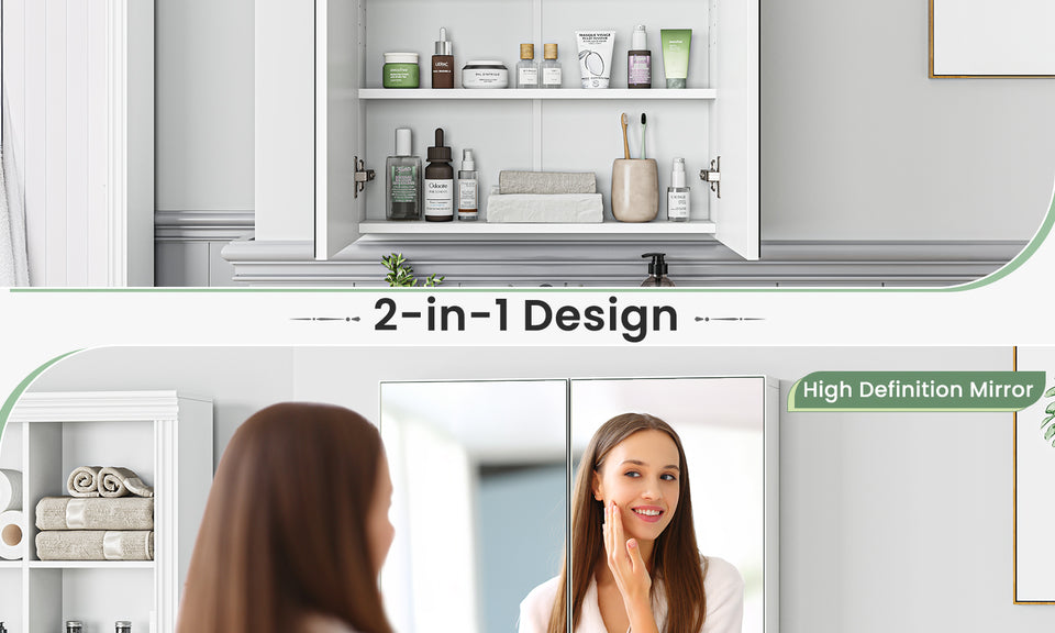 Dripex Double Door Bathroom Mirror Cabinet, Wall Mounted Storage Cupboard with Mirror, Wall Cabinet with Open Compartment Adjustable Shelf, White (60 x 60 x 12 cm)