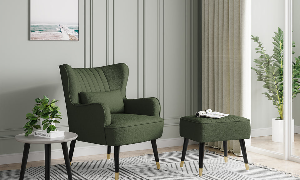 Vesgantti Velvet/Teddy Fleece Armchair with/without Footstool and Lumbar Pillow, Modern Wing Back Accent Chair with Ottoman, Large Cuddle Chair for Living Room Bedroom Study Room Office