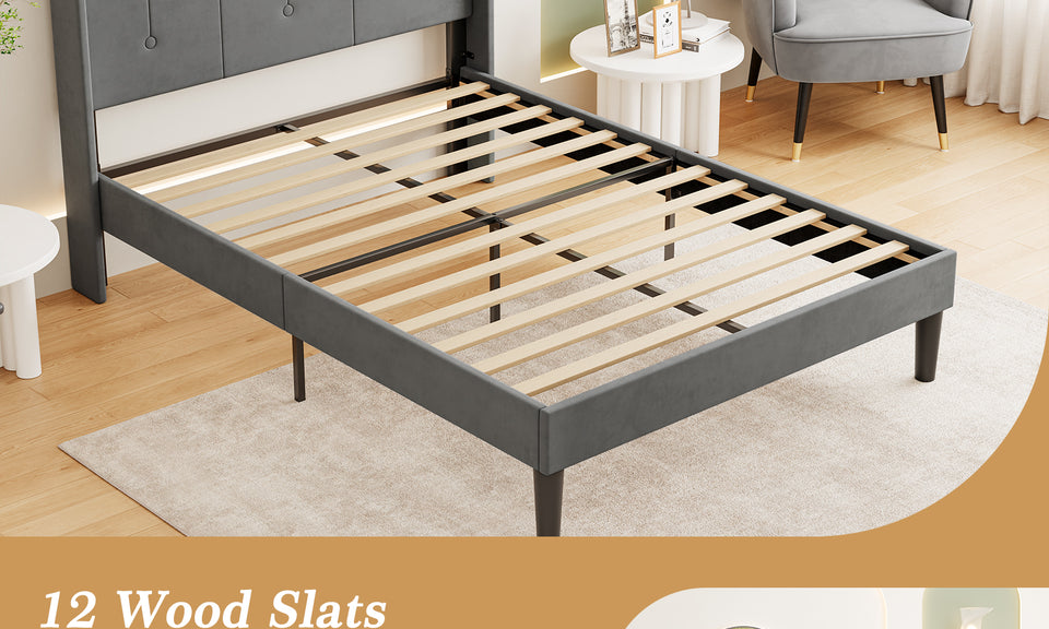 Vesgantti Velvet Bed Frame with Adjustable Wing Edge Headboard, Solid Wooden Slats & Upholstered Platform, Easy Assembly, Noise-Free