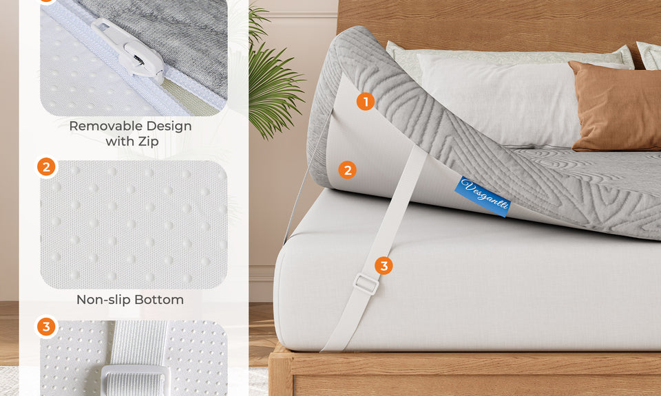 Vesgantti Mattress Topper, 7.5/10cm Gel Memory Foam Mattress Topper for Cool Sleep & Back Pain Relief with Washable Cover & Corner Elastic Straps, CertiPUR-US Certified, Grey