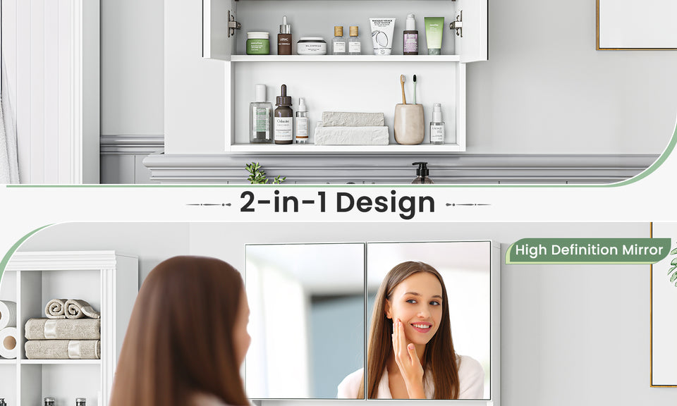 Dripex Double Door Bathroom Mirror Cabinet, Wall Mounted Storage Cupboard with Mirror, Wall Cabinet with Open Compartment Adjustable Shelf, White (60 x 60 x 12 cm)