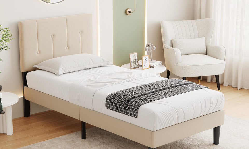 Vesgantti Linen Bed Frame with Adjustable Headboard & Solid Wooden Slats, Easy Assembly, No Box Spring Needed, Under Bed Storage