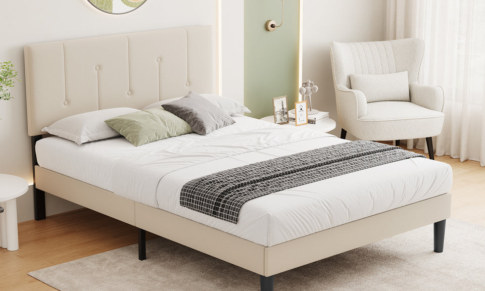Vesgantti Linen Bed Frame with Adjustable Headboard & Solid Wooden Slats, Easy Assembly, No Box Spring Needed, Under Bed Storage