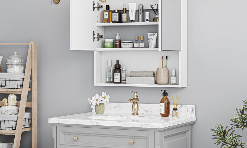 Dripex Double Door Bathroom Mirror Cabinet, Wall Mounted Storage Cupboard with Mirror, Wall Cabinet with Open Compartment Adjustable Shelf, White (60 x 60 x 12 cm)