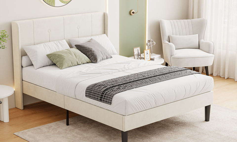 Vesgantti Velvet Bed Frame with Adjustable Wing Edge Headboard, Solid Wooden Slats & Upholstered Platform, Easy Assembly, Noise-Free