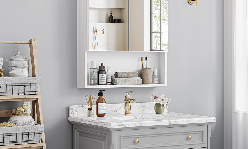 Dripex Double Door Bathroom Mirror Cabinet, Wall Mounted Storage Cupboard with Mirror, Wall Cabinet with Open Compartment Adjustable Shelf, White (60 x 60 x 12 cm)