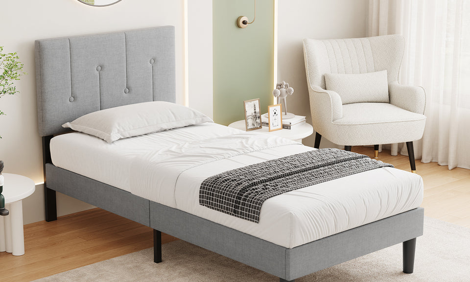 Vesgantti Linen Bed Frame with Adjustable Headboard & Solid Wooden Slats, Easy Assembly, No Box Spring Needed, Under Bed Storage