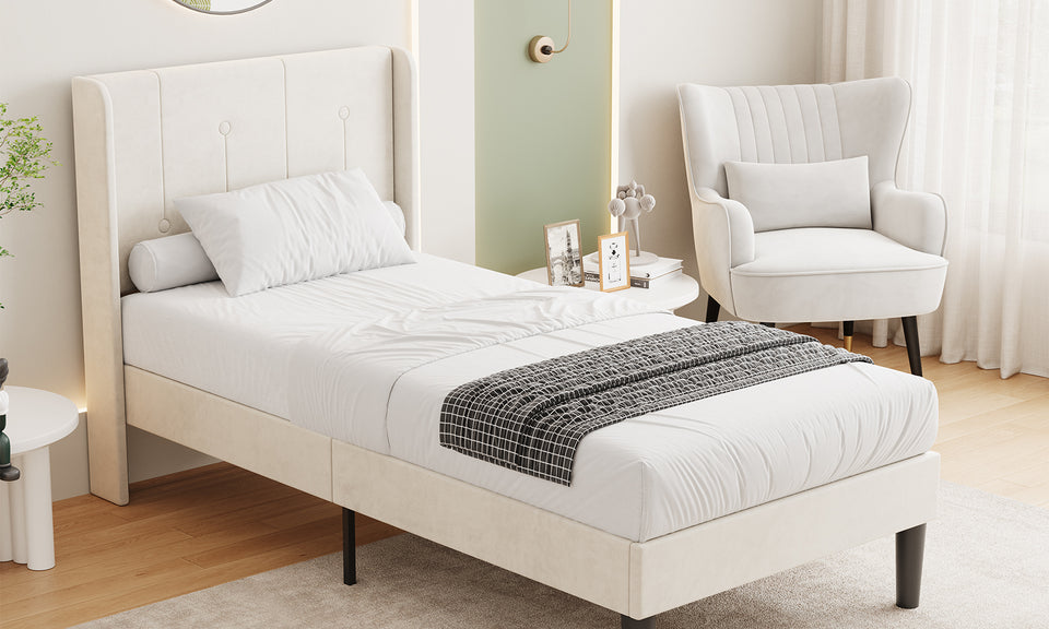 Vesgantti Velvet Bed Frame with Adjustable Wing Edge Headboard, Solid Wooden Slats & Upholstered Platform, Easy Assembly, Noise-Free