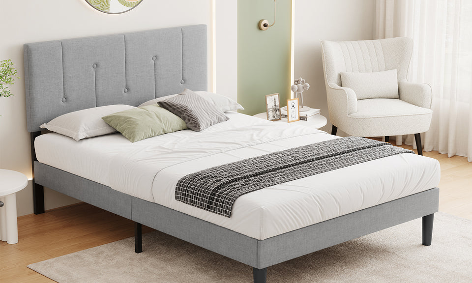 Vesgantti Linen Bed Frame with Adjustable Headboard & Solid Wooden Slats, Easy Assembly, No Box Spring Needed, Under Bed Storage