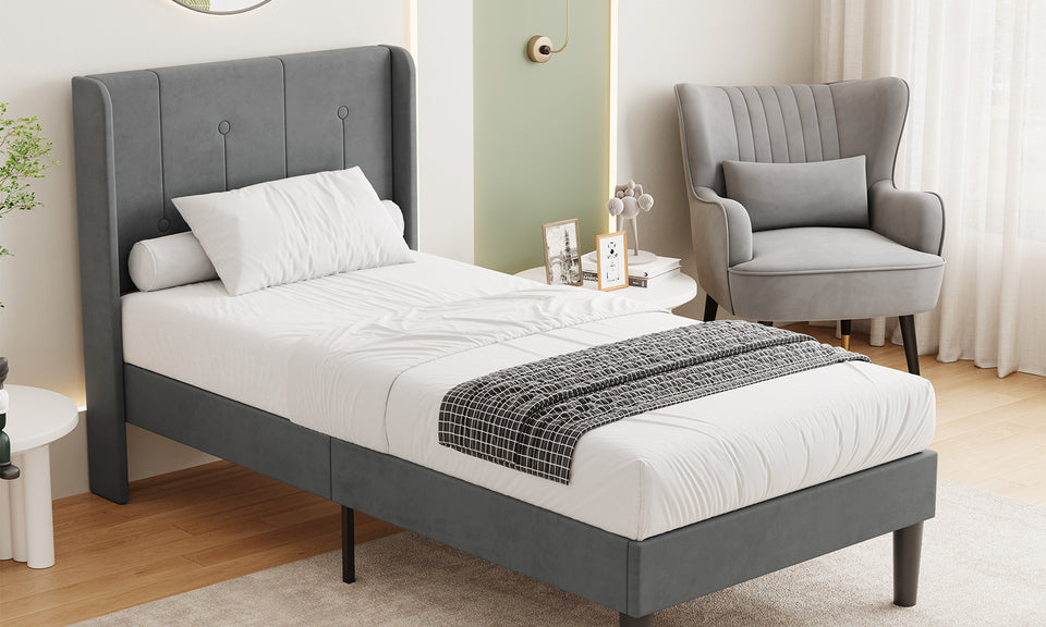 Vesgantti Velvet Bed Frame with Adjustable Wing Edge Headboard, Solid Wooden Slats & Upholstered Platform, Easy Assembly, Noise-Free