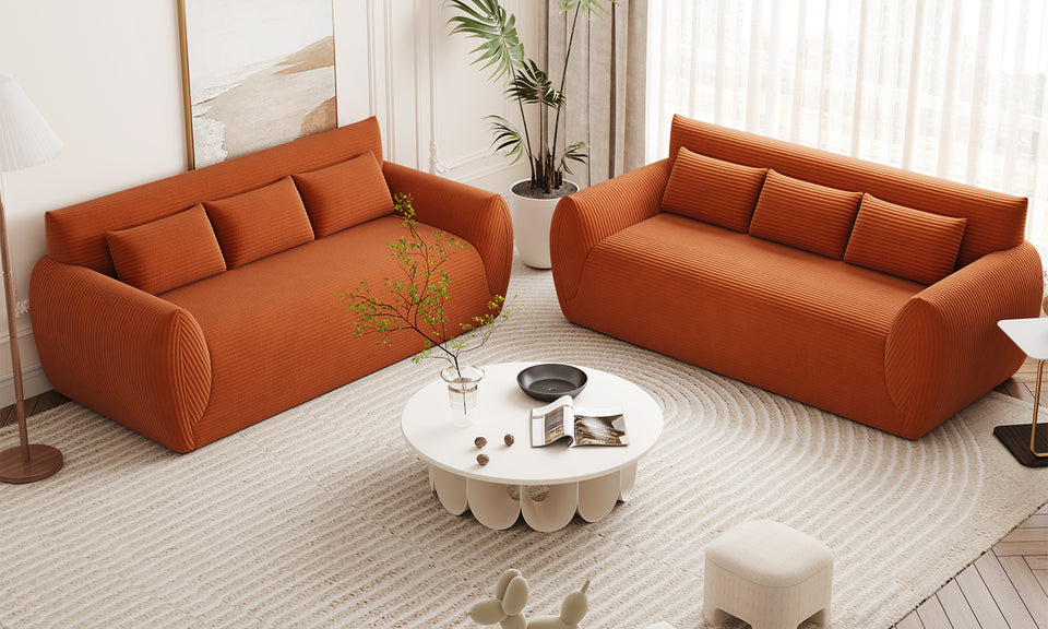 Vesgantti Corduroy Compressed 3 Seater Sofa, 200cm Upholstered Floor Sofa, Comfy Couch with 3 Pillows, No Assembly Required, Perfect for Living Room Bedroom Office Small Space, 200L*94D*80Hcm
