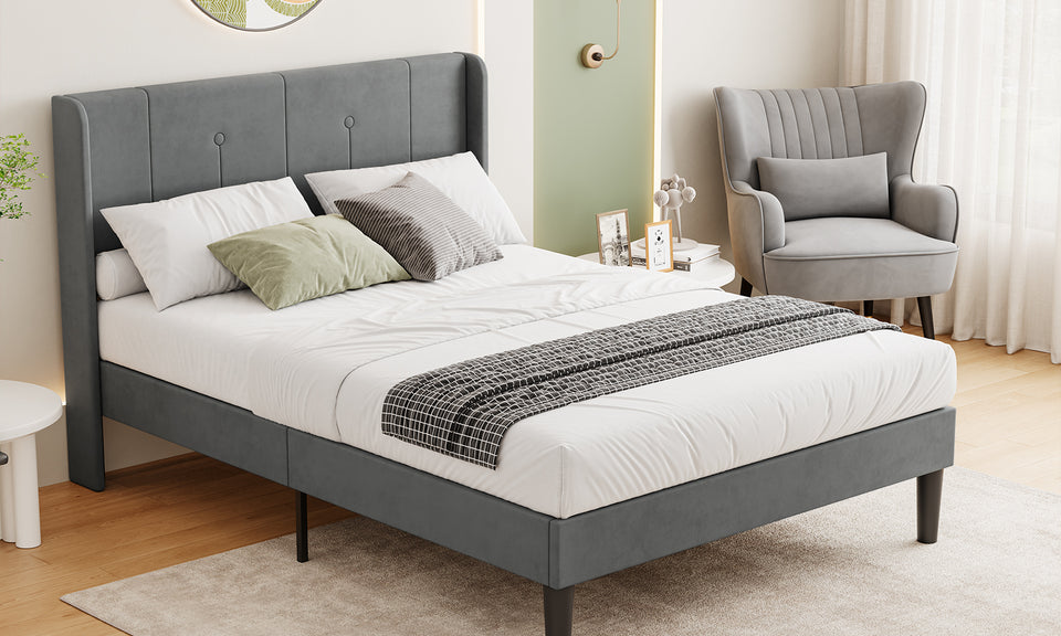 Vesgantti Velvet Bed Frame with Adjustable Wing Edge Headboard, Solid Wooden Slats & Upholstered Platform, Easy Assembly, Noise-Free