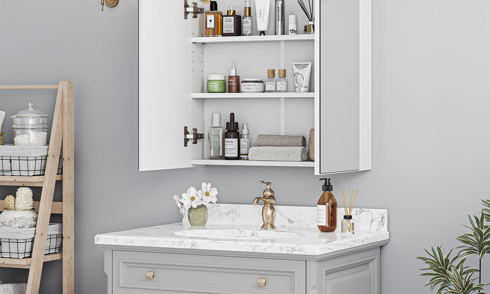 Dripex Double Door Bathroom Mirror Cabinet, Wall Mounted Storage Cupboard with Mirror, Wall Cabinet with Open Compartment Adjustable Shelf, White (60 x 60 x 12 cm)