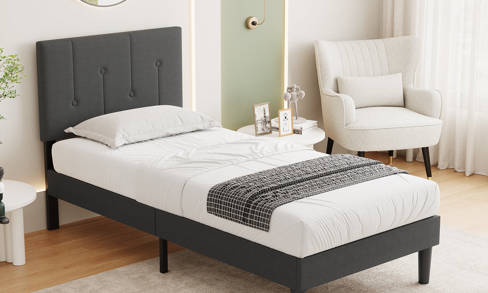 Vesgantti Linen Bed Frame with Adjustable Headboard & Solid Wooden Slats, Easy Assembly, No Box Spring Needed, Under Bed Storage