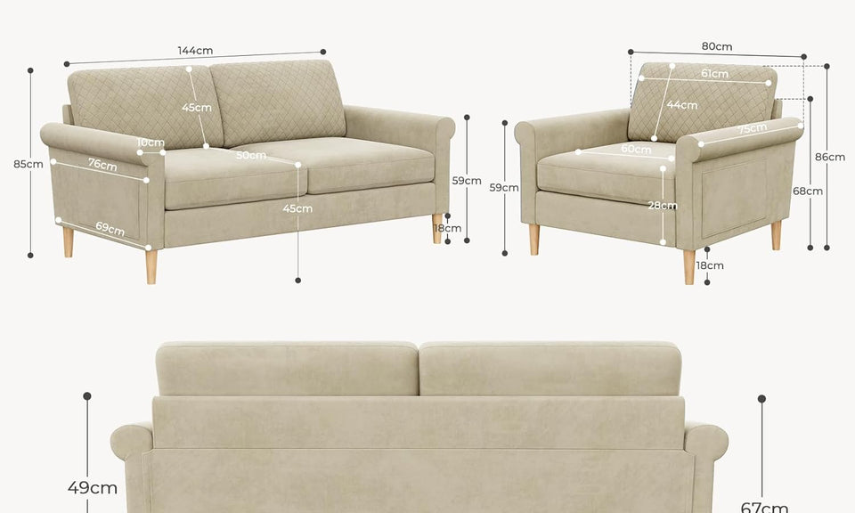 Vesgantti Fabric/Velet Loveseat Sofa, 1/2/3/4 Seater Couch/Armchair with Bilateral Pocket Storage & Removable Cushions, Perfect for Living Room, Bedroom and Office, Tool-free Assembly