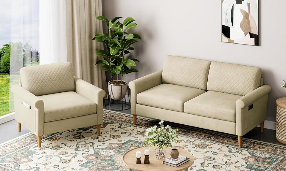 Vesgantti Fabric/Velet Loveseat Sofa, 1/2/3/4 Seater Couch/Armchair with Bilateral Pocket Storage & Removable Cushions, Perfect for Living Room, Bedroom and Office, Tool-free Assembly