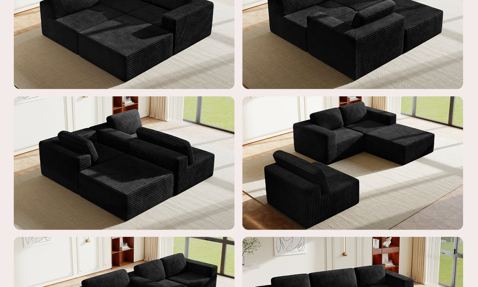 Vesgantti 303cm Oversized Modular Sectional Sofa for Living Room, Corduroy Cloud Couch with Spring Support, Extra Deep Seats, L-Shape Boneless Couch with Movable Ottoman, No Assembly Required, Black
