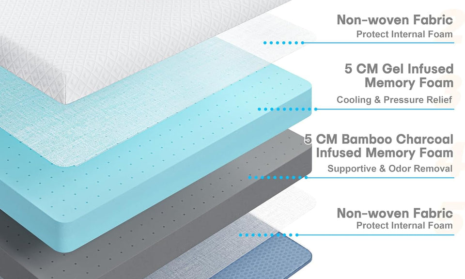 Vesgantti 3/4 Inch Memory Foam Mattress Topper, Gel & Bamboo Charcoal Infused Bed Topper for Cooling Sleep & Pressure Relieving with Washable Cover, White