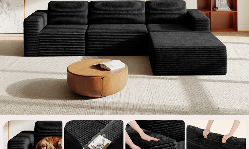 Vesgantti 303cm Oversized Modular Sectional Sofa for Living Room, Corduroy Cloud Couch with Spring Support, Extra Deep Seats, L-Shape Boneless Couch with Movable Ottoman, No Assembly Required, Black