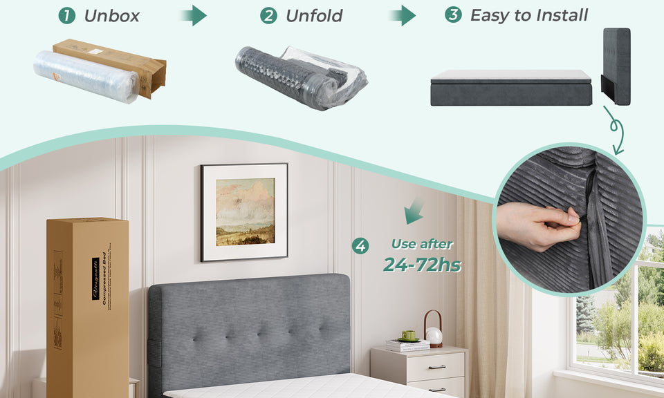 Vesgantti 14.5 Inch Mattress with Upholstered Headboard, Medium Firm | No Bed Frame Required, Memory Foam Pocket Spring Mattress Removable Headboard with Side Storage Pocket, Suitable for Floor Use