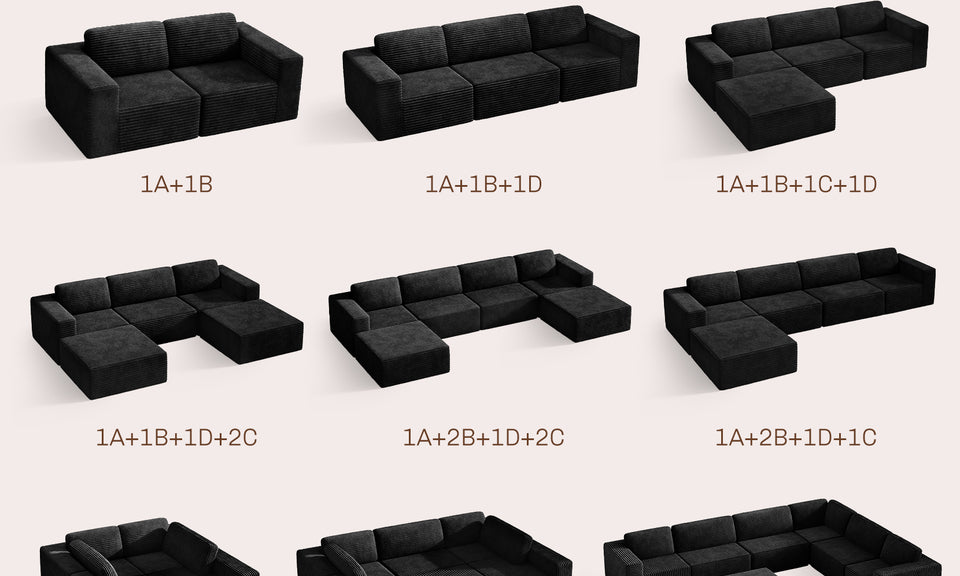 Vesgantti 303cm Oversized Modular Sectional Sofa for Living Room, Corduroy Cloud Couch with Spring Support, Extra Deep Seats, L-Shape Boneless Couch with Movable Ottoman, No Assembly Required, Black