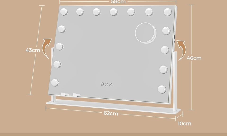 Dripex 14/15 Dimmable LED Bulbs Rotatable Hollywood Vanity Mirror with Lights, Large Illuminated Makeup Mirror, 3 Lighting Modes, Phone Holder, Titing Hollywood Mirror for Bedroom
