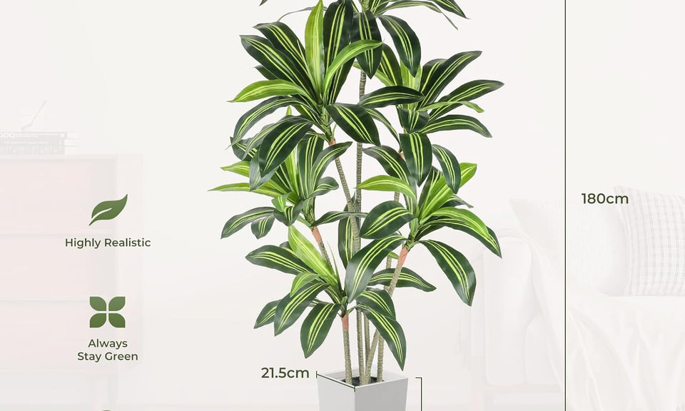 YOLEO 5FT/6FT Artificial Dracaena Tree with White Tall Planter, Lifelike Fake Silk Tree Indoor, Faux Dracaena Tall Plant for Living Room Bedroom Balcony Corner Office Decor
