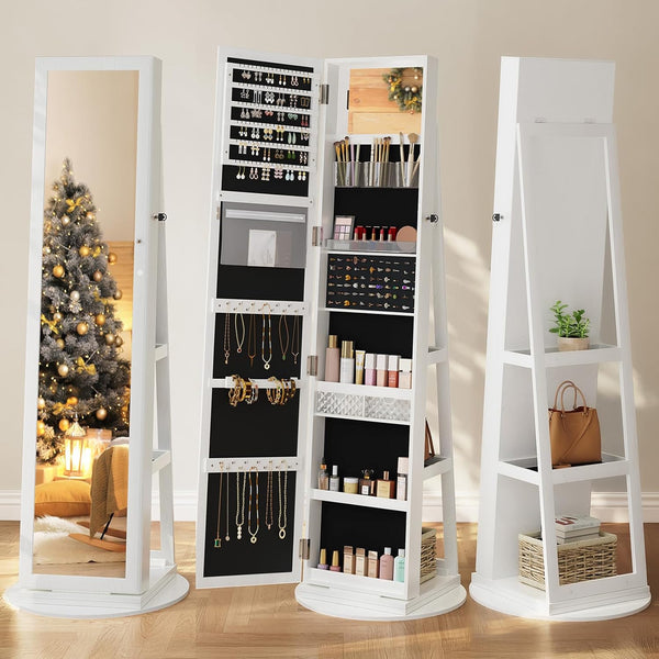 Dripex Jewelry Organiser Mirror Wardrobe, 360° Swivel Jewelry Storage, Lockable, 3 in 1 Free Standing Mirror with Storage Shelves