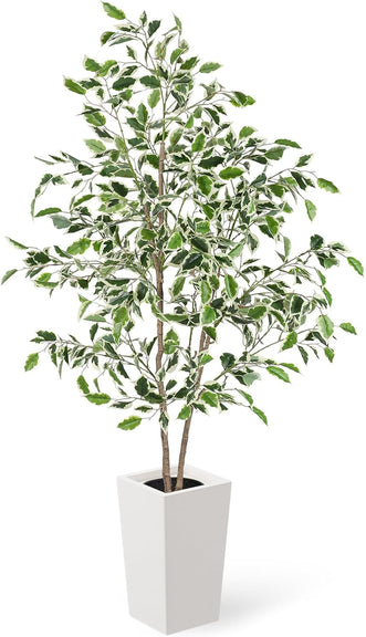 YOLEO 5FT Artificial Ficus Tree with White Tall Planter, Lifelike Fake Silk Tree Indoor, Faux Ficus Tall Plant for Living Room Bedroom Balcony Corner Office Decor