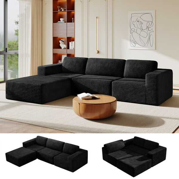 Vesgantti 303cm Oversized Modular Sectional Sofa for Living Room, Corduroy Cloud Couch with Spring Support, Extra Deep Seats, L-Shape Boneless Couch with Movable Ottoman, No Assembly Required, Black