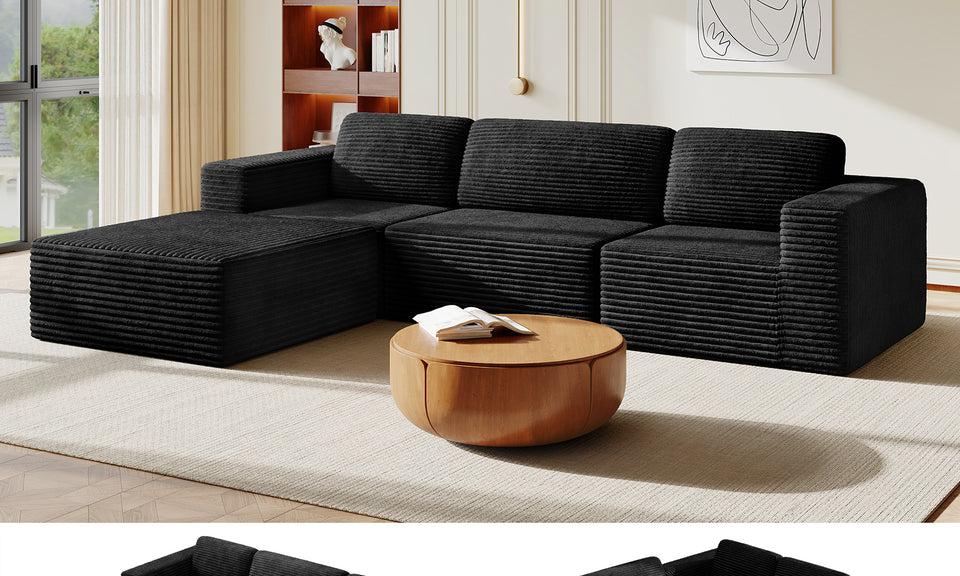 Vesgantti 303cm Oversized Modular Sectional Sofa for Living Room, Corduroy Cloud Couch with Spring Support, Extra Deep Seats, L-Shape Boneless Couch with Movable Ottoman, No Assembly Required, Black