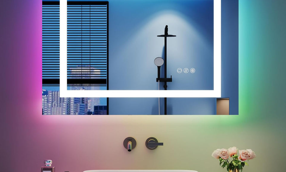 Dripex RGB Bathroom Mirror with 3 LED Lights, Illuminated Bathroom Mirrors Vanity Mirror RGB Backlit + Front Lighted, Dimmable and Demister Pad, Horizontal/Vertical