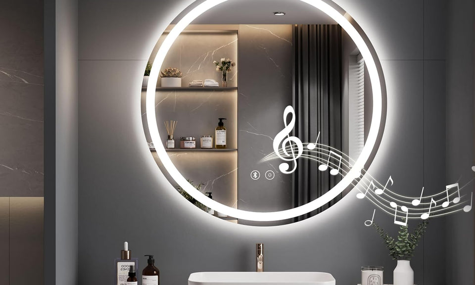 Dripex Bluetooth Round LED Bathroom Mirror, Illuminated Circle Bathroom LED Mirror with Speaker, Anti-fog, Wall Mounted, 3 Lighting Modes, Dimmable, Front+Backlit, IP44