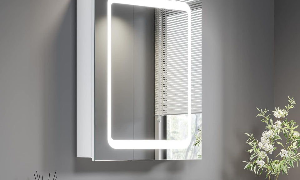 Dripex LED Bathroom Mirror Cabinet, Bathroom Mirror Cabinet with LED Lights Shaver Socket and Demister Pad, Non-contact Sensor Switch, White/Left hinge