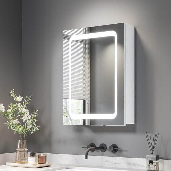 Dripex LED Bathroom Mirror Cabinet, Bathroom Mirror Cabinet with LED Lights Shaver Socket and Demister Pad, Non-contact Sensor Switch, White/Right hinge