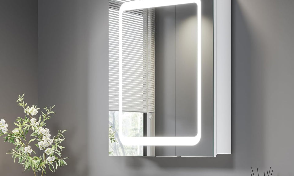 Dripex LED Bathroom Mirror Cabinet, Bathroom Mirror Cabinet with LED Lights Shaver Socket and Demister Pad, Non-contact Sensor Switch, White/Right hinge