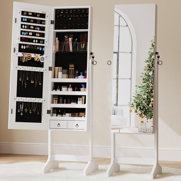 Dripex Jewelry Organiser Mirror Wardrobe, Free Standing Mirror with Large Storage, Lockable Jewelry Armoire Unit, 3 Angles Adjustable, White