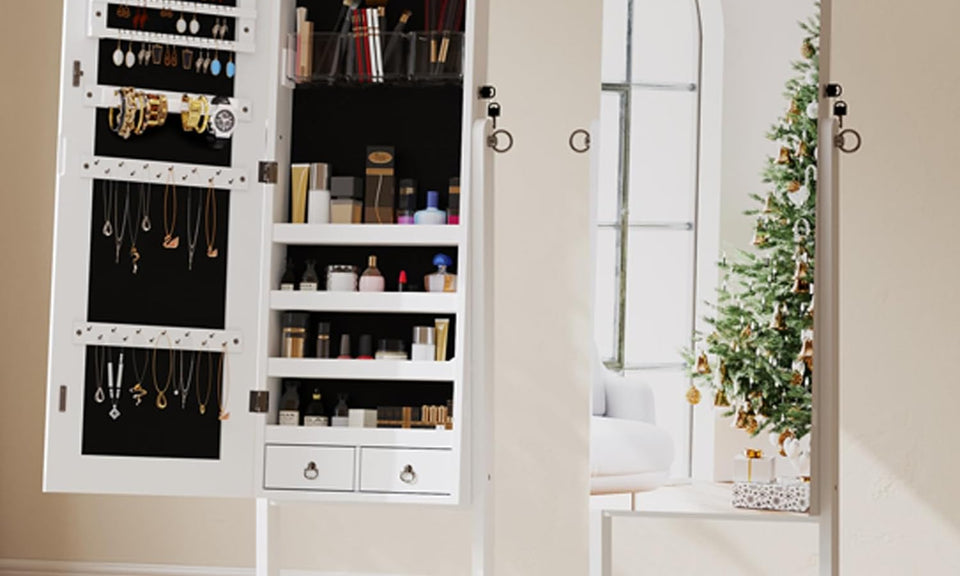 Dripex Jewelry Organiser Mirror Wardrobe, Free Standing Mirror with Large Storage, Lockable Jewelry Armoire Unit, 3 Angles Adjustable, White