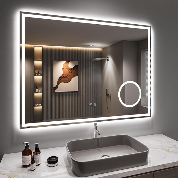 Dripex LED Bathroom Mirror with Shaver Socket and Magnifying, 600 * 800 MM Dimmable 3 Colors Illuminated Backlit Wall Mounted Bathroom Mirrors Anti-fog Vanity Mirror, Horizontal Only