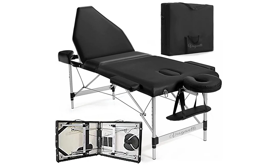Vesgantti Portable Massage Bed Table - 3-Section Aluminum Foldable Beauty Couch for Reiki Therapy Treatment Salon Healing - Metal Headrest Support/with Carry Bag(Black/Beige White)