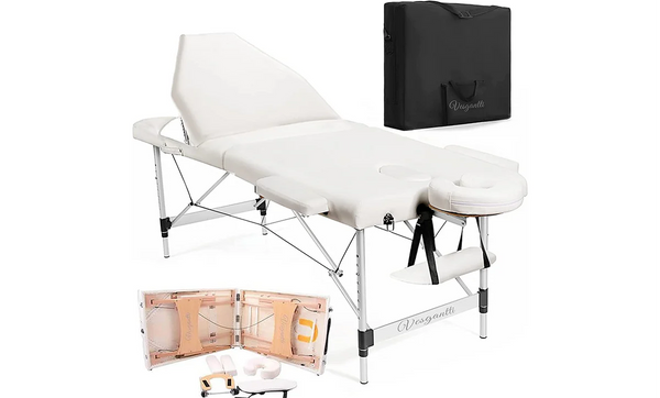 Vesgantti Portable Massage Bed Table - 3-Section Aluminum Foldable Beauty Couch for Reiki Therapy Treatment Salon Healing - Metal Headrest Support/with Carry Bag(Black/Beige White)