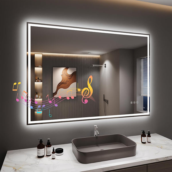 Dripex Bluetooth LED Bathroom Mirror with Shaver Socket,Dimmable 3 Colors Illuminated Backlit Wall Mounted Bathroom Mirrors Anti-fog Vanity Mirror, Horizontal/Vertical