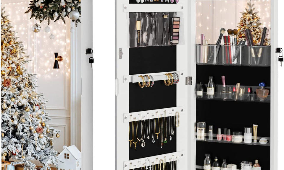 Dripex White Jewelry Organiser Mirror Wardrobe, Wall Mounted & Door Hanging Mirror, Lockable Jewelry Wardrobe with Large Storage