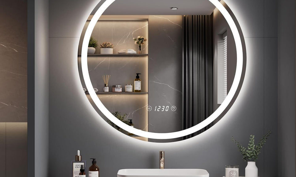 Dripex Time Display Round Bathroom LED Mirror, Illuminated Wall Mounted Circle LED Bathroom Mirror, Anti-fog, 3 Lighting Modes, Dimmable, Front+Backlit, IP4