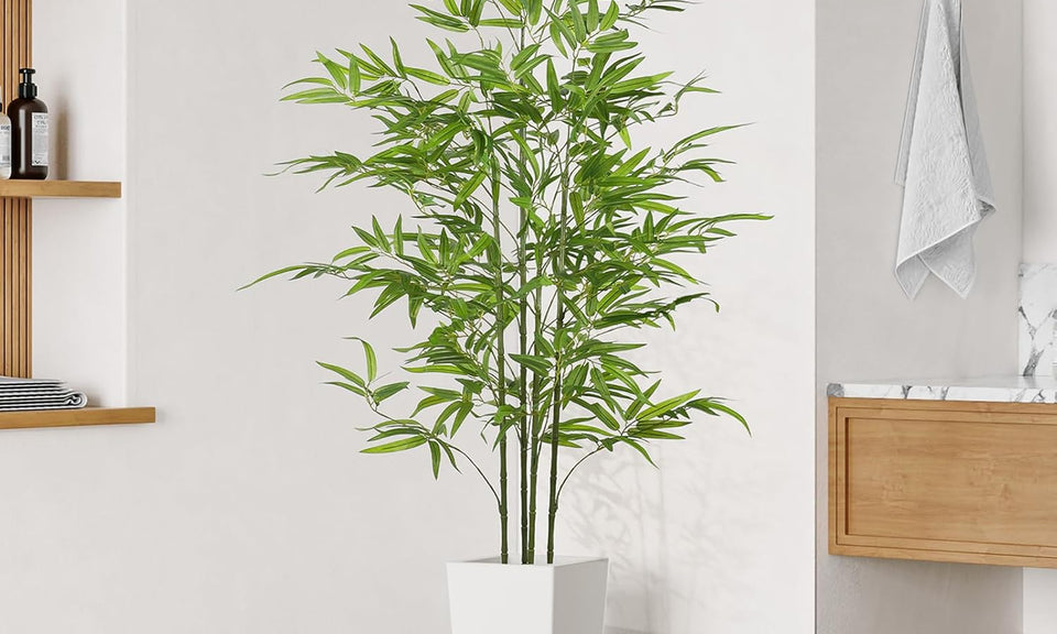 YOLEO 5FT/6FT Artificial Bamboo Tree with White Tall Planter, Lifelike Fake Silk Tree Indoor, Faux Bamboo Tall Plant for Living Room Bedroom Balcony Corner Office Deco