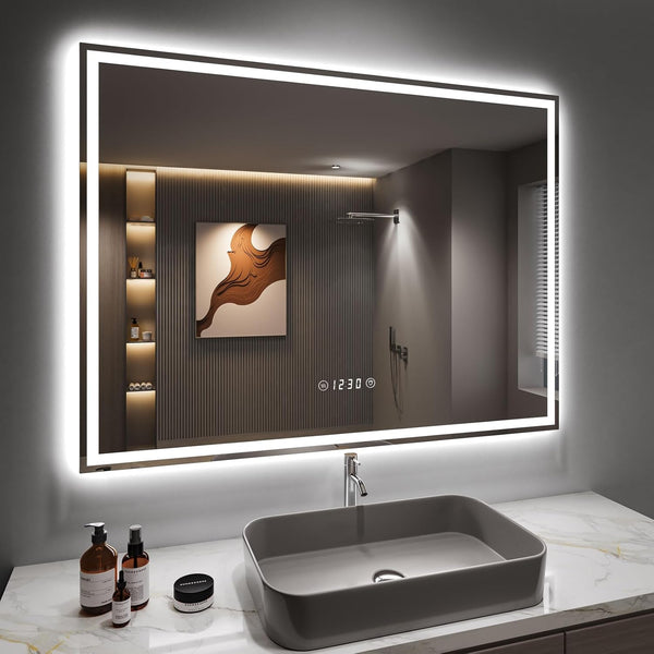 Dripex LED Bathroom Mirror with Shaver Socket and Clock, 600 * 800 MM Dimmable 3 Colors Illuminated Backlit Wall Mounted Bathroom Mirrors Anti-fog Vanity Mirror, Horizontal Only