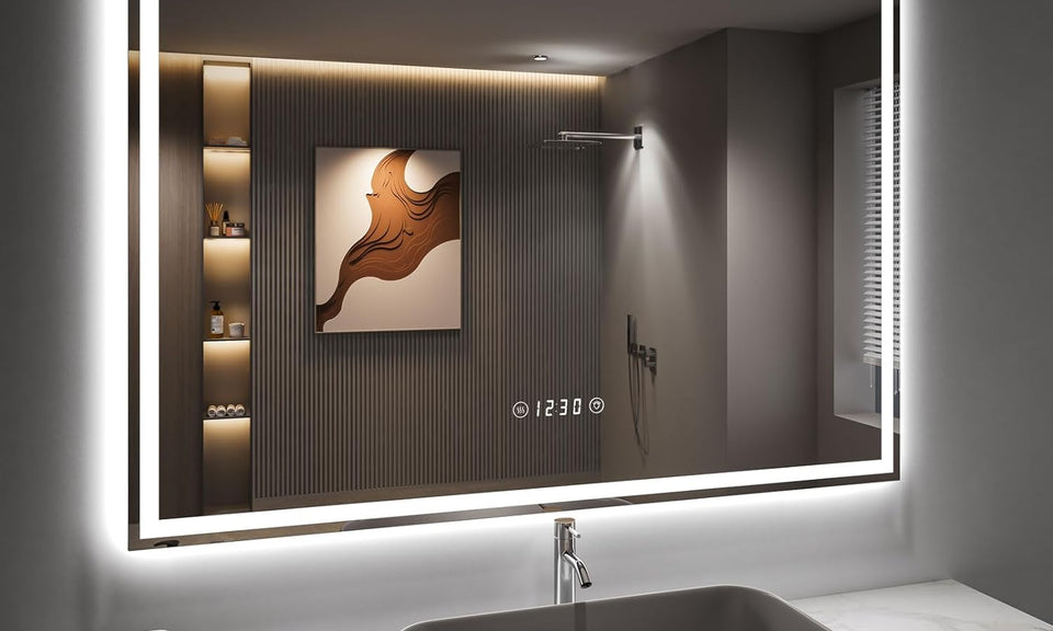 Dripex LED Bathroom Mirror with Shaver Socket and Clock, 600 * 800 MM Dimmable 3 Colors Illuminated Backlit Wall Mounted Bathroom Mirrors Anti-fog Vanity Mirror, Horizontal Only